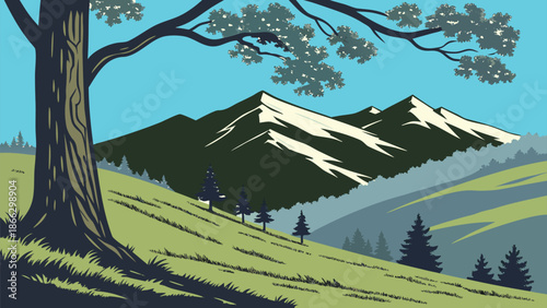 A stylized illustration of a vibrant mountain range and grassy hills under a bright sky, framed by a large foreground tree Vector
