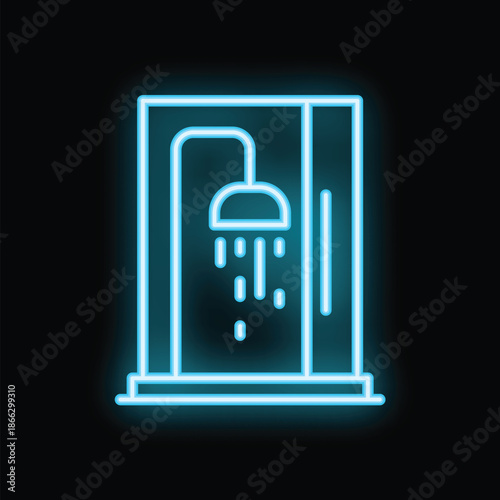 Blue neon icon of shower cabin glowing on dark background