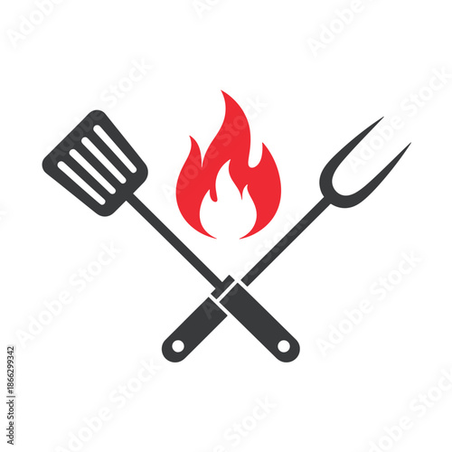 Black spatula and fork crossed with red flame in the middle
