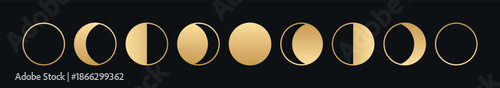 Golden moon phase vector icons celestial design set luxury astronomy crescent full moon quarter gibbous waning waxing symbols isolated decorative dark background astrology esoteric elegant