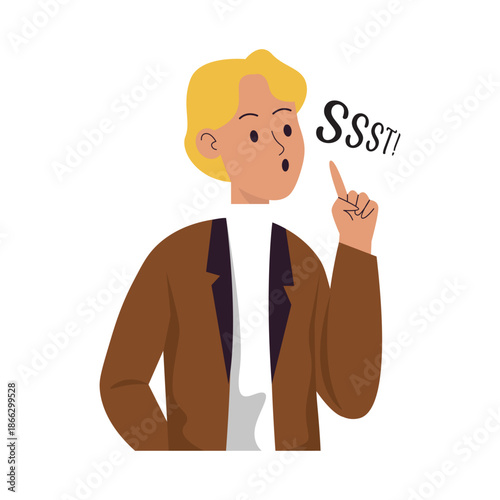 Young Man Gesturing for Silence with Finger on Lips.