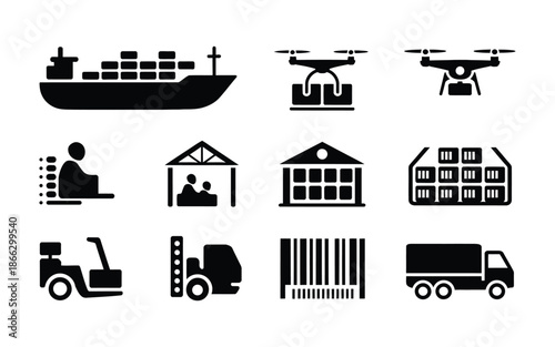 Black silhouettes of logistics and transportation icons