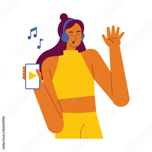 Young woman enjoying music with headphones and smartphone.