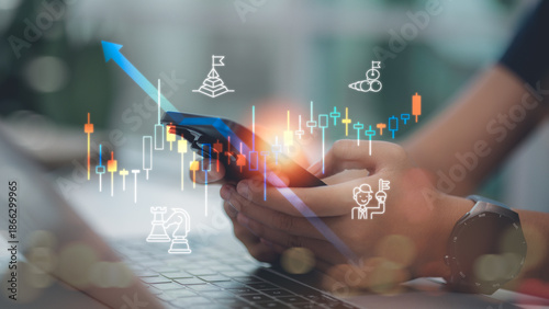 Business person analyzing stock market data on mobile phone. Concept of financial investment, trading strategy, forex growth, digital economy, and successful portfolio management.