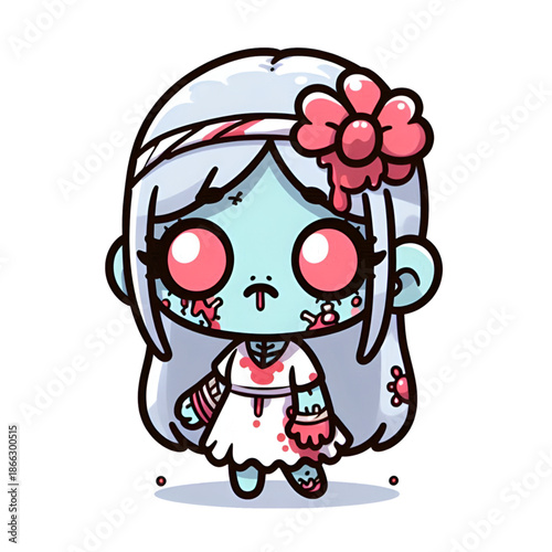 Cute Zombie Girl Character with Pink Eyes and Purple Hair in White Dress