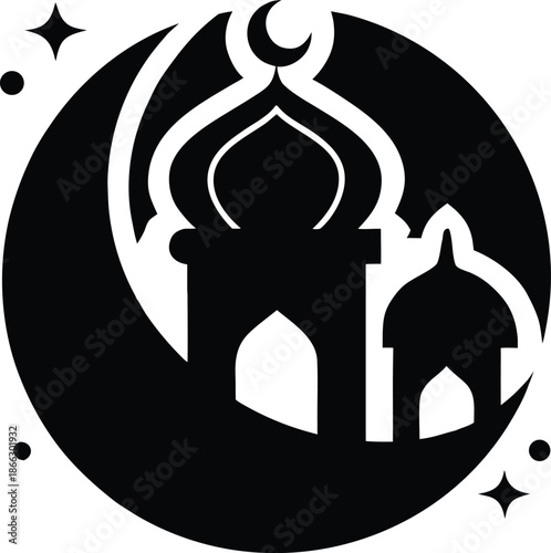 Minimalist mosque silhouette with crescent moon