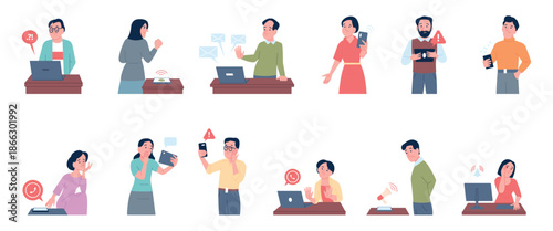 People scared gadgets. Office workers waiting call or message, feeling stress, negative reading news or email. Men women frustration from smartphones, recent vector scenes
