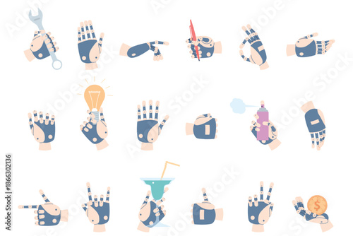 Robot arm gestures. Technologies digital hands, robotic arms different positions and signs. Hand pointing, show symbols, hold pen, lamp, recent vector clipart
