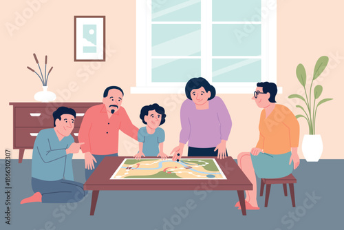 Family playing board games. Home weekend or evening activity. Parents with child sitting in living room and play step by step game, recent vector scene