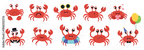 Cartoon cute crabs. Crab in love, with balloons, wear sunglasses and ready to swim. Funny underwater characters various emotions, animals classy vector clipart