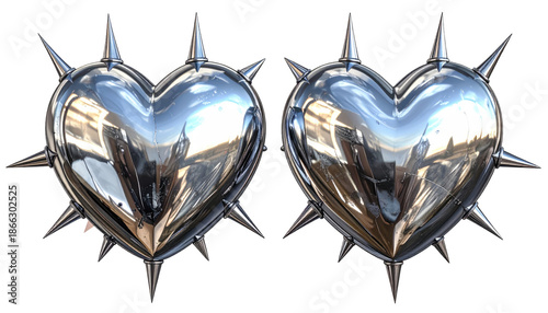 Two metallic, heart-shaped objects with pointed spikes on their exteriors, highly polished, and reflective. They appear identical, centered on a black background