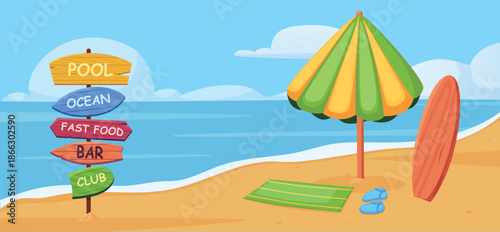 Wooden sign on beach. Ocean gold coast with destination sign boards. Summer sea landscape, sunbathing on vacation. Sun protection umbrella, nowaday vector landscape