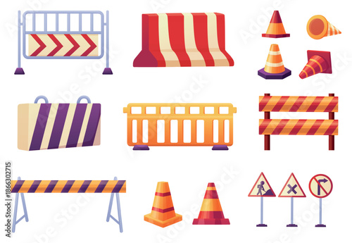 Road barricade elements. Striped cones, blocks and banners, road signs and fences. Safety traffic, stree elements. Construction and repair barriers, nowaday vector clipart