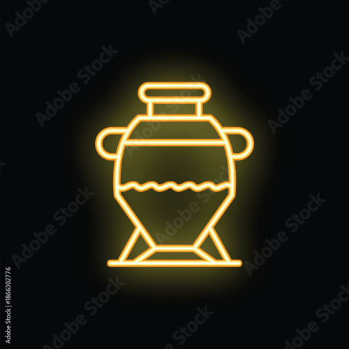 Neon yellow amphora icon on black background representing history and culture