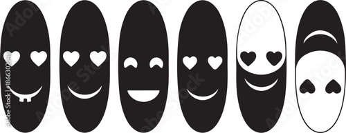 Set of Black and White Oval Face Emoticons emoji