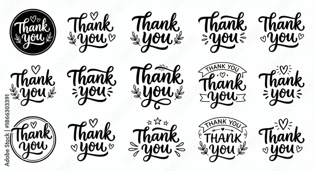 Fototapeta premium Bundle of Handwritten Thank You Typography and Doodles Isolated on White Background - Calligraphy Vector Set
