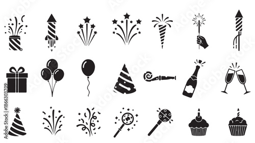 Black Birthday Party Icons on White Background