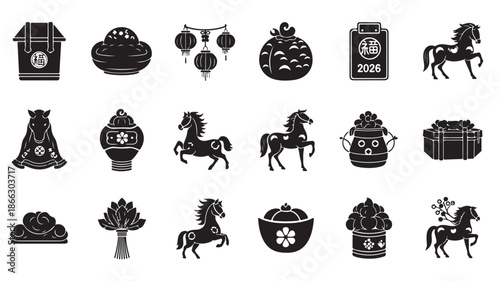 Black Horse Icon Set with Chinese New Year Elements