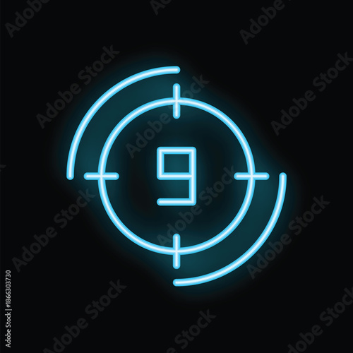 Glowing blue neon number nine is being targeted in a first person shooter game concept