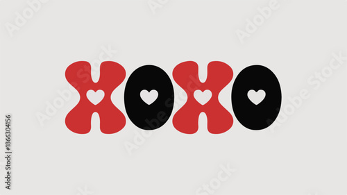 XOXO text with hearts in red and black on a light grey background xoxo hugs and kisses