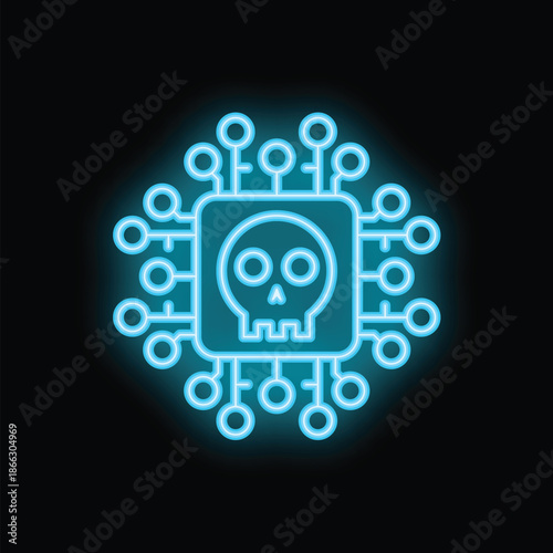 Neon blue glowing microchip with skull inside on black background representing digital death and cyber security threats