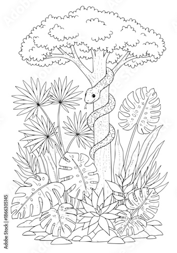 The python descends from the tree. coloring book