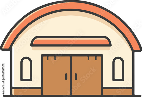 Illustration of a simple cartoon warehouse with arched roof and double doors