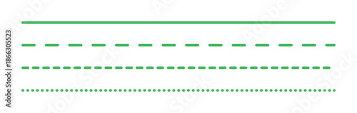 Green straight line styles set isolated on transparent background, solid stroke, dashed stroke, dotted stroke, simple geometric graphic elements for design, decoration, border, divider, template