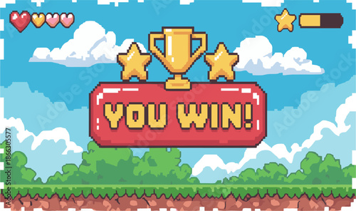 Retro pixel art You Win screen with gold trophy and three stars for 8-bit arcade video game victory concept vector