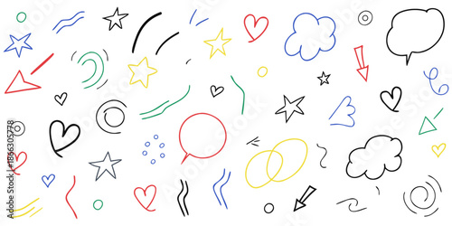 A collection of colorful, hand-drawn doodles... scattered across a white background... in red, blue, yellow, green, and black marker pen.