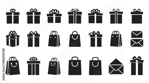 Black Gift Boxes and Shopping Bags Icons on White Background
