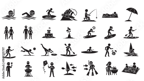Black Stick Figures Engaged in Various Water Sports and Activities on Beach