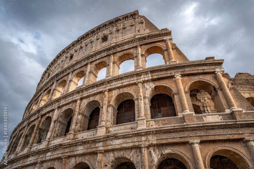 Obraz premium Ancient Roman amphitheater exterior against a cloudy sky. Dramatic perspective and architecture