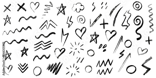 Abstract marker doodles, black ink brush strokes, playful hand-drawn symbols, spontaneous sketchbook style, modern graphic illustration