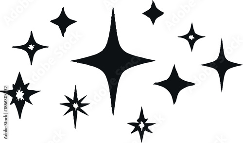 Star sparkles black ink hand drawn illustration celestial magic aesthetic glowing twinkle cosmic light vintage design isolated on transparent background boho mystical graphic minimal sketch