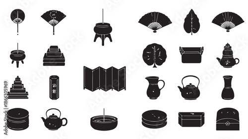 Black Tea Japanese Icons Set