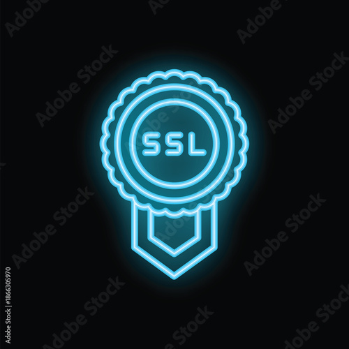 Blue neon ssl certificate glowing on a black background, representing online security and data encryption