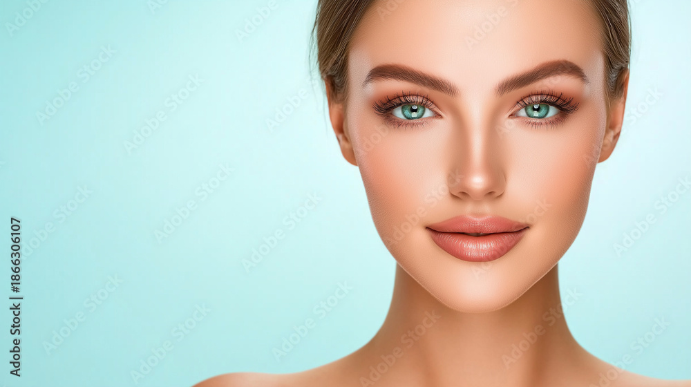Fototapeta premium Young woman with natural makeup smiling on blue background 