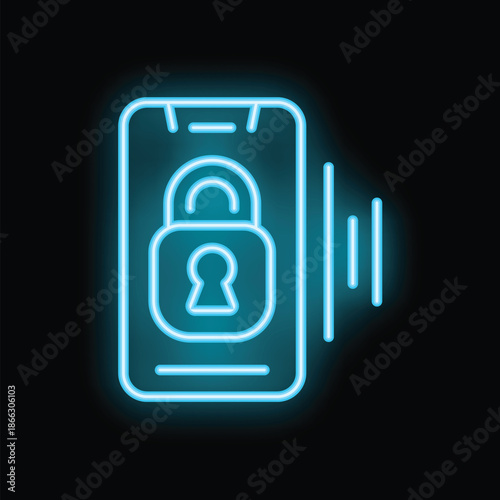 Glowing neon icon of a smartphone with a padlock on the screen, representing mobile security and data protection