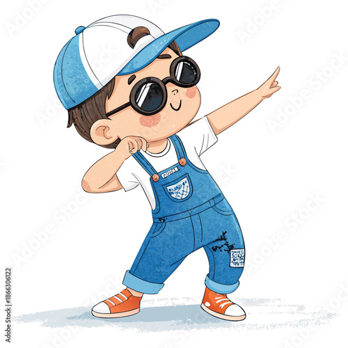 Cute cartoon boy dabbing, wearing a backwards snapback, sunglasses, denim overalls, and orange sneakers. Clean playful style