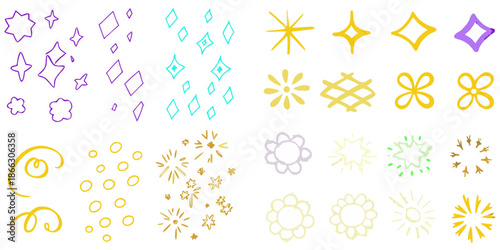 Hand-drawn colorful doodle bursts, playful firework shapes, bright pastel marker strokes, sketchy outlines, isolated on white background