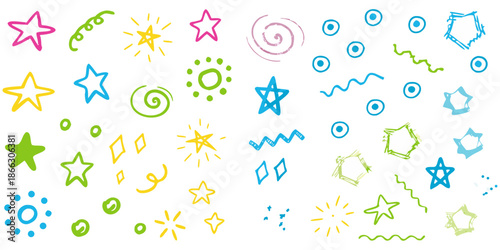 Hand-drawn colorful doodle icons set, expressive marker strokes, playful abstract shapes, modern cartoon illustration