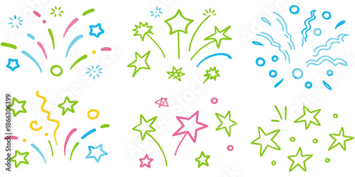 Kids-style doodle fireworks illustration, colorful chalk and marker lines, simple playful shapes, fun and lively design