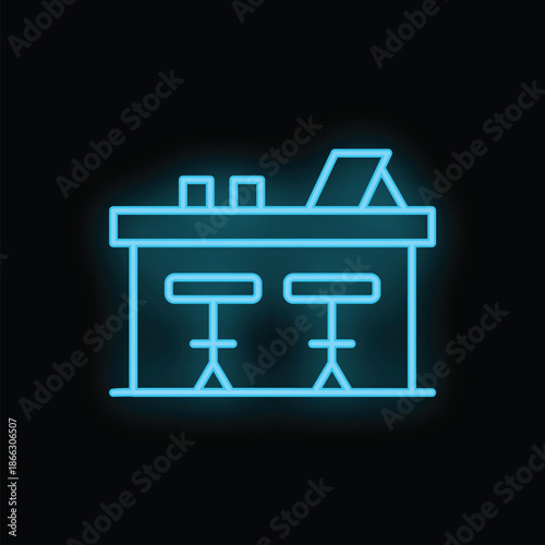 Blue neon sign of a bar counter with stools shining on a black wall