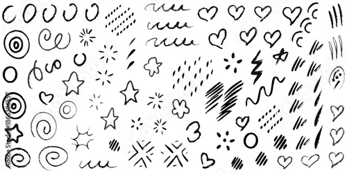 Notebook doodle illustration, hand-drawn abstract symbols, messy sketch lines, whimsical comic accents, monochrome design