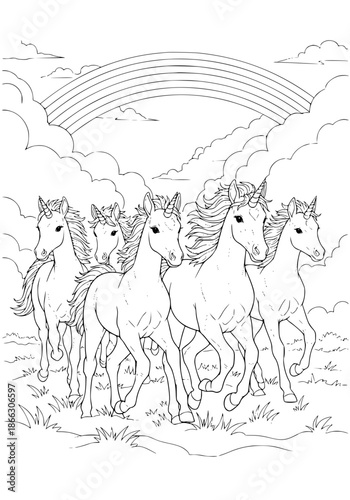 a herd of unicorns in a magical land. coloring book