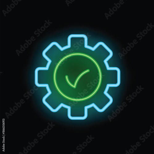 Neon sign showing a blue gear with a green check mark in the center, conveying validation and success