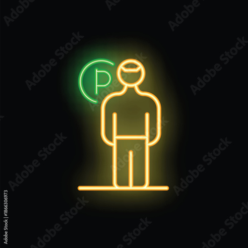 Neon glowing sign of a man standing with copyright symbol above his head representing intellectual property
