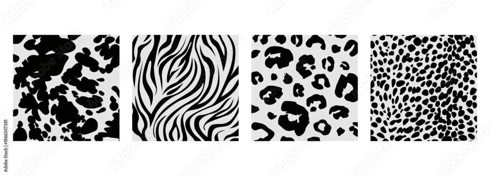 Naklejka premium Set of animal monochrome seamless patterns. Vector animal skin prints. Fashion stylish texuters.
