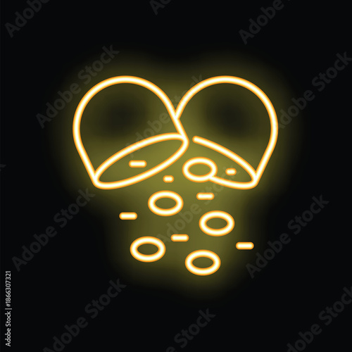 Opened medical capsule pouring out tiny pills in neon style on black background